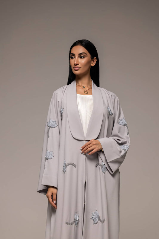 Serene Elegance: Luxe Pearl Grey Abaya with Navy Accents