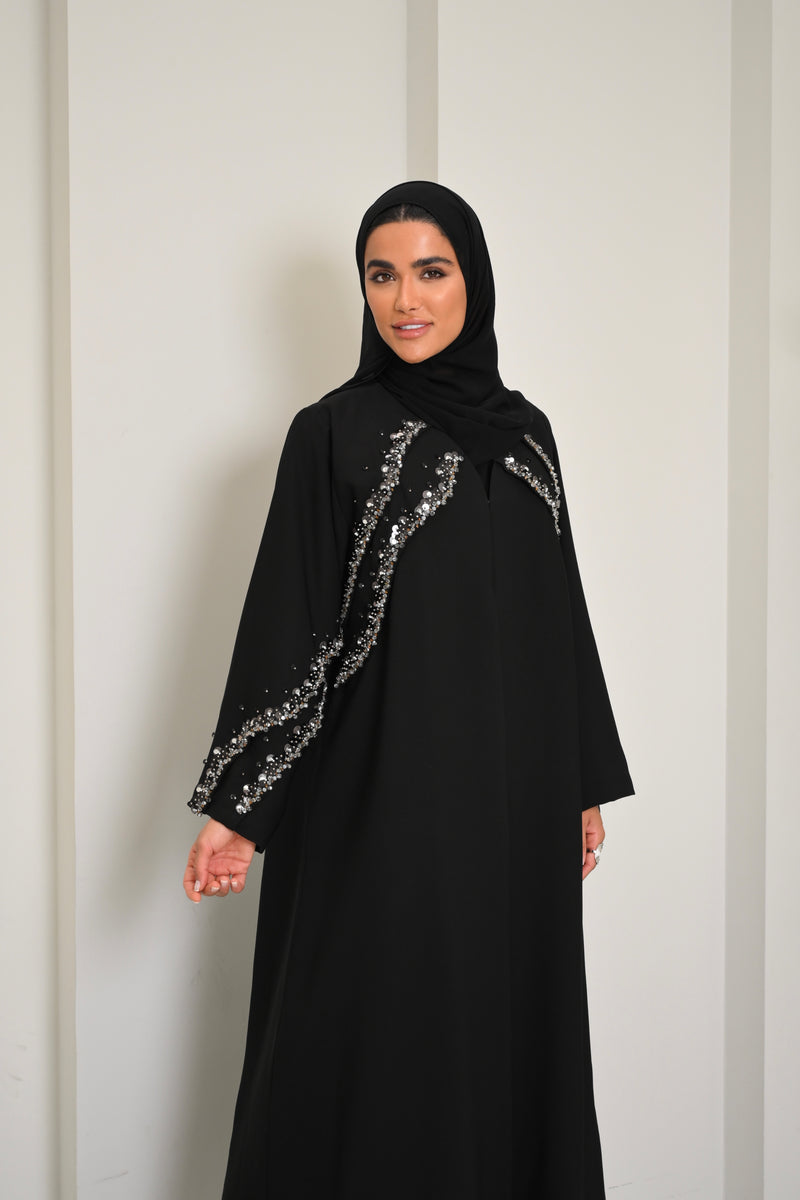 Noir - Black Embellished Abaya with Silver Sequin Detailing