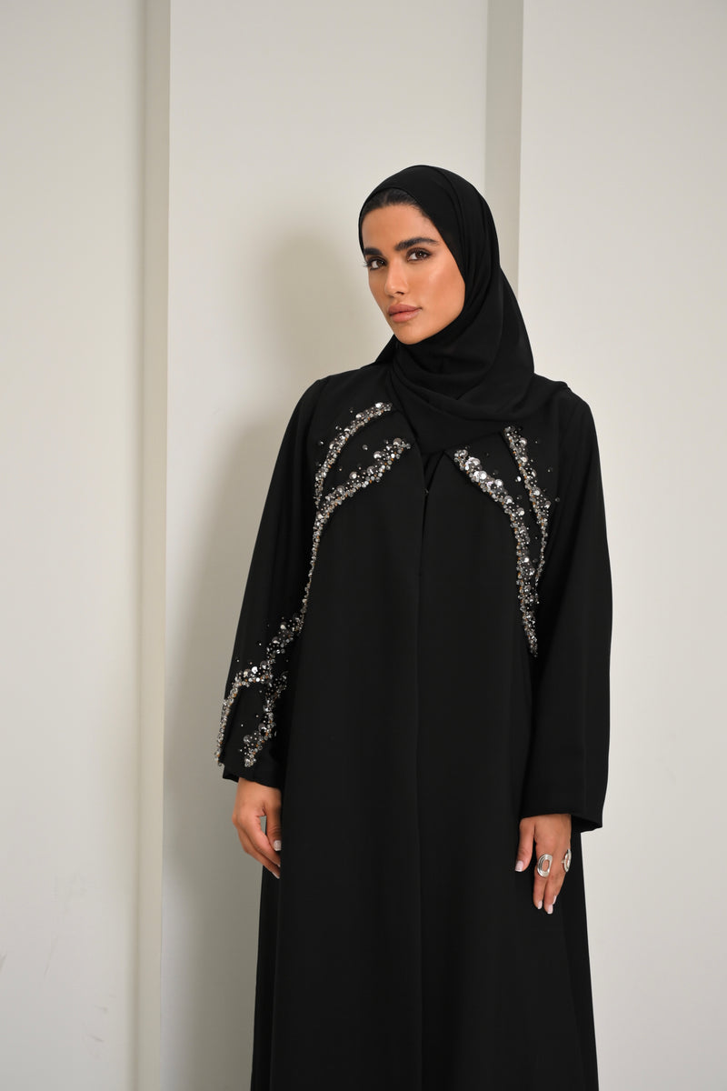 Noir - Black Embellished Abaya with Silver Sequin Detailing