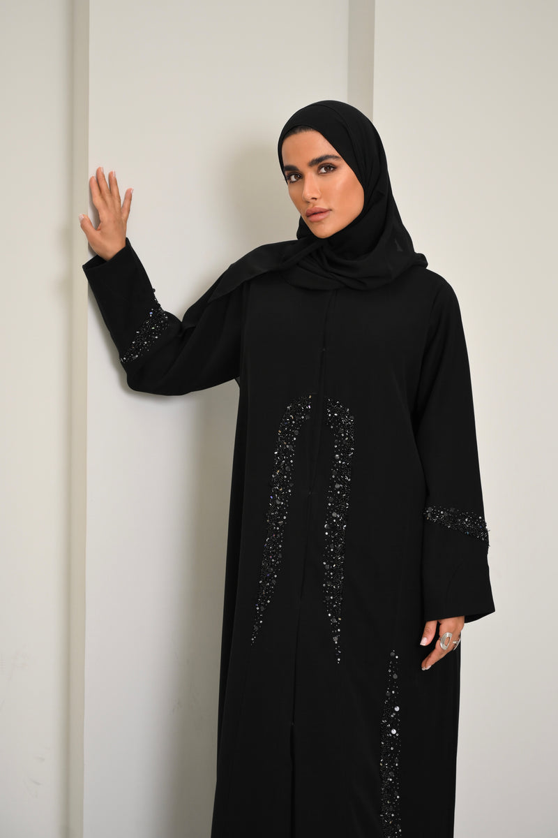 Zahra - Black Embellished Abaya with Sparkling Sequin Details