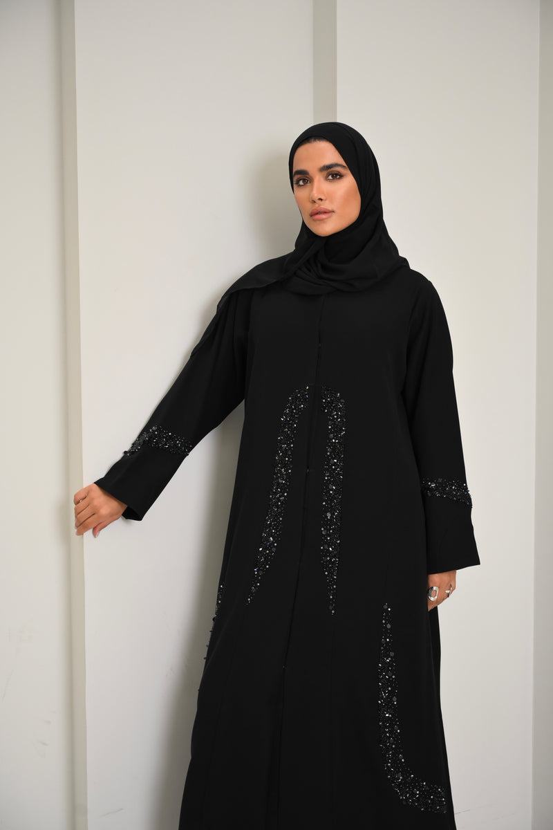 Zahra - Black Embellished Abaya with Sparkling Sequin Details