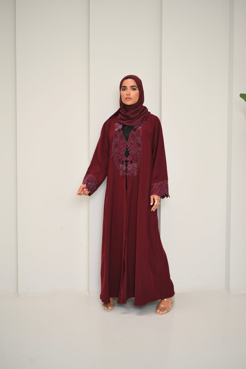 Inaya - Burgundy Embroidered Abaya for Women – Elegant Open-Front Modest Dress with Matching Hijab
