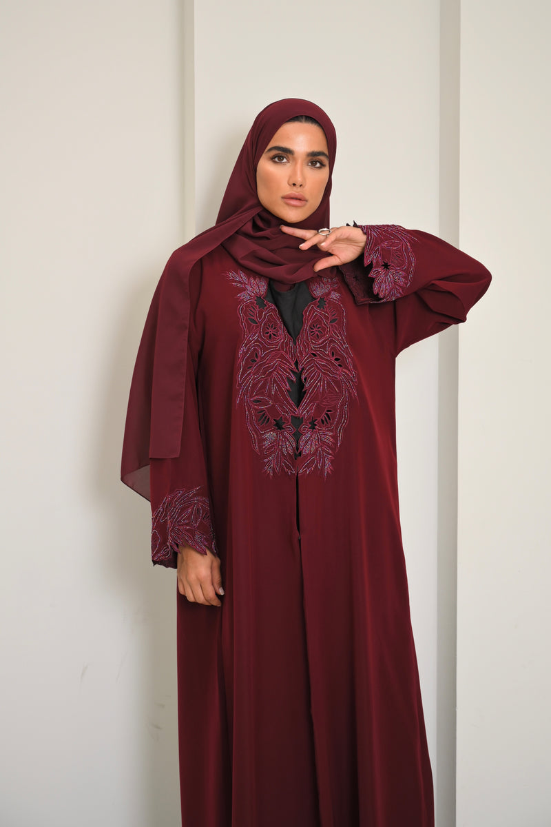 Inaya - Burgundy Embroidered Abaya for Women – Elegant Open-Front Modest Dress with Matching Hijab