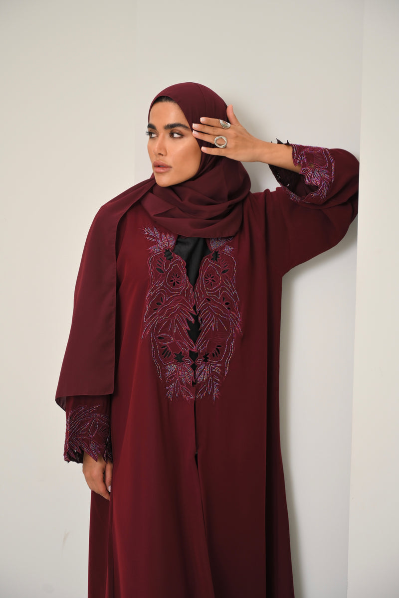 Inaya - Burgundy Embroidered Abaya for Women – Elegant Open-Front Modest Dress with Matching Hijab