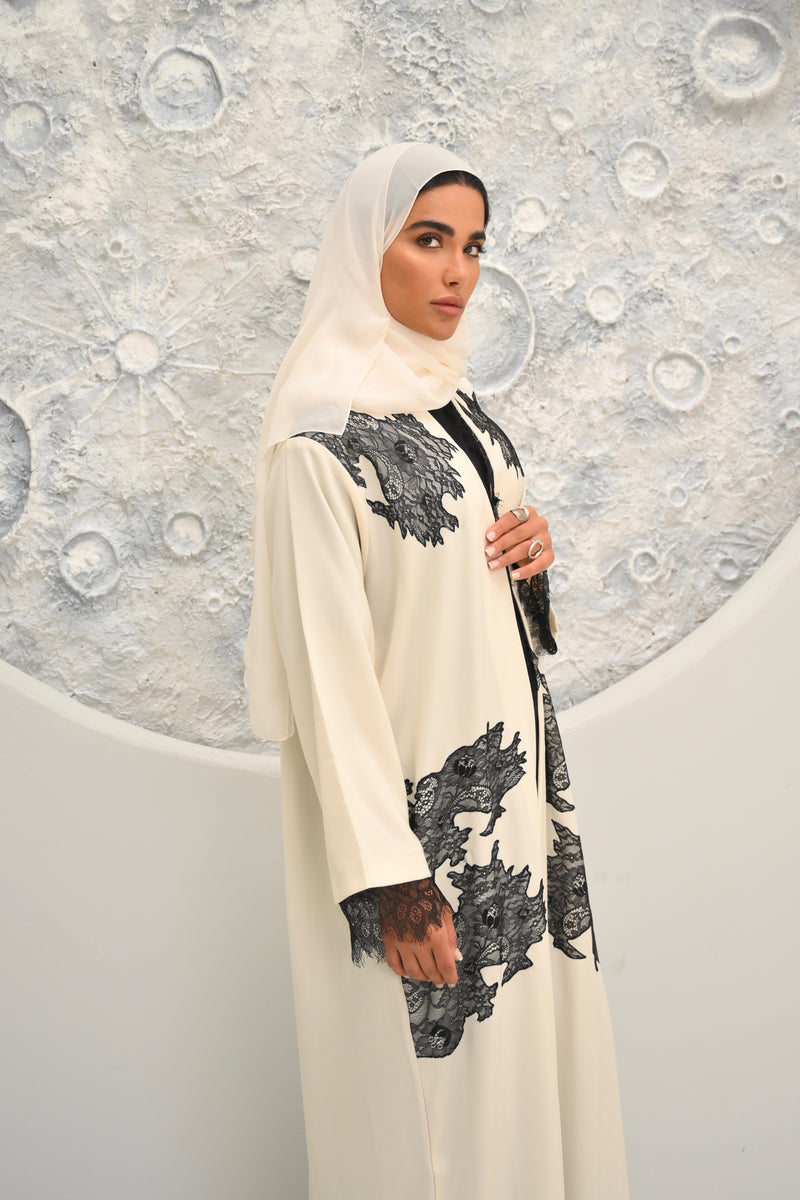 Amara - Luxury Cream & Black Embroidered Abaya