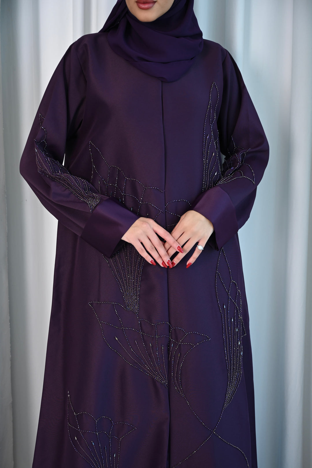 Elegant Plum Embroidered Abaya with Floral Design