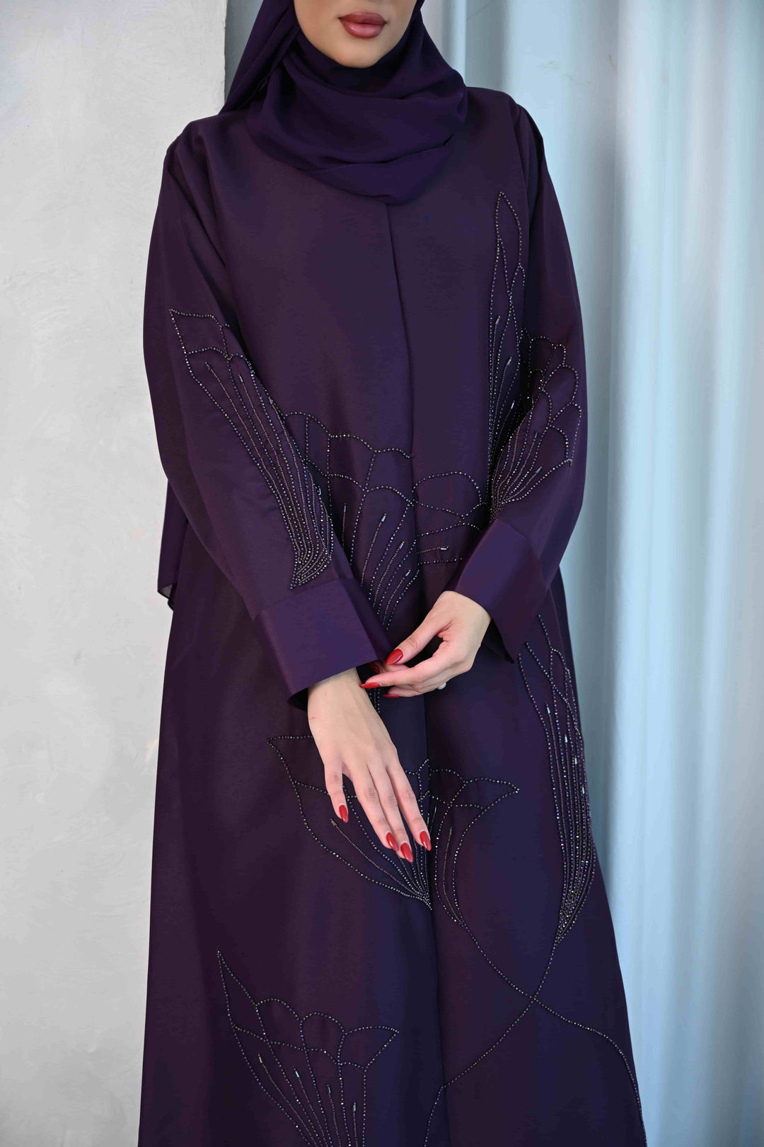 Elegant Plum Embroidered Abaya with Floral Design