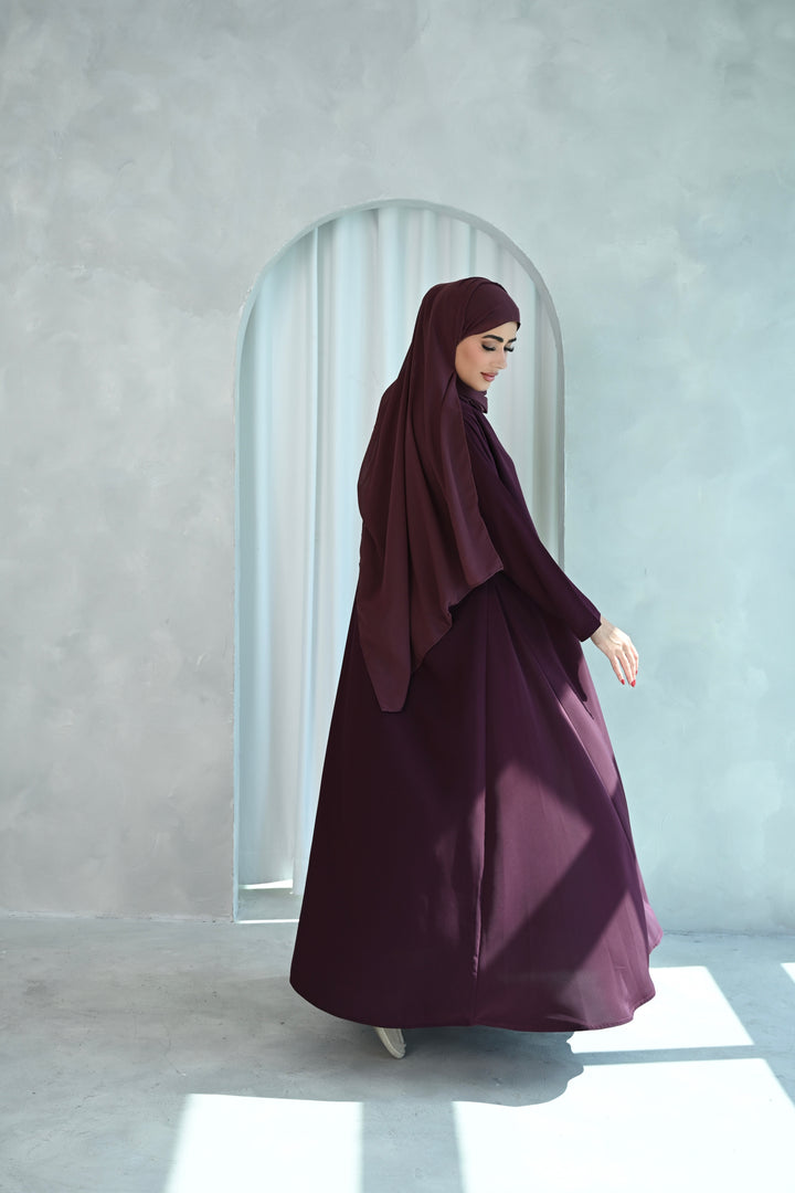 Deep Plum Embroidered Abaya with Graceful Floral Design