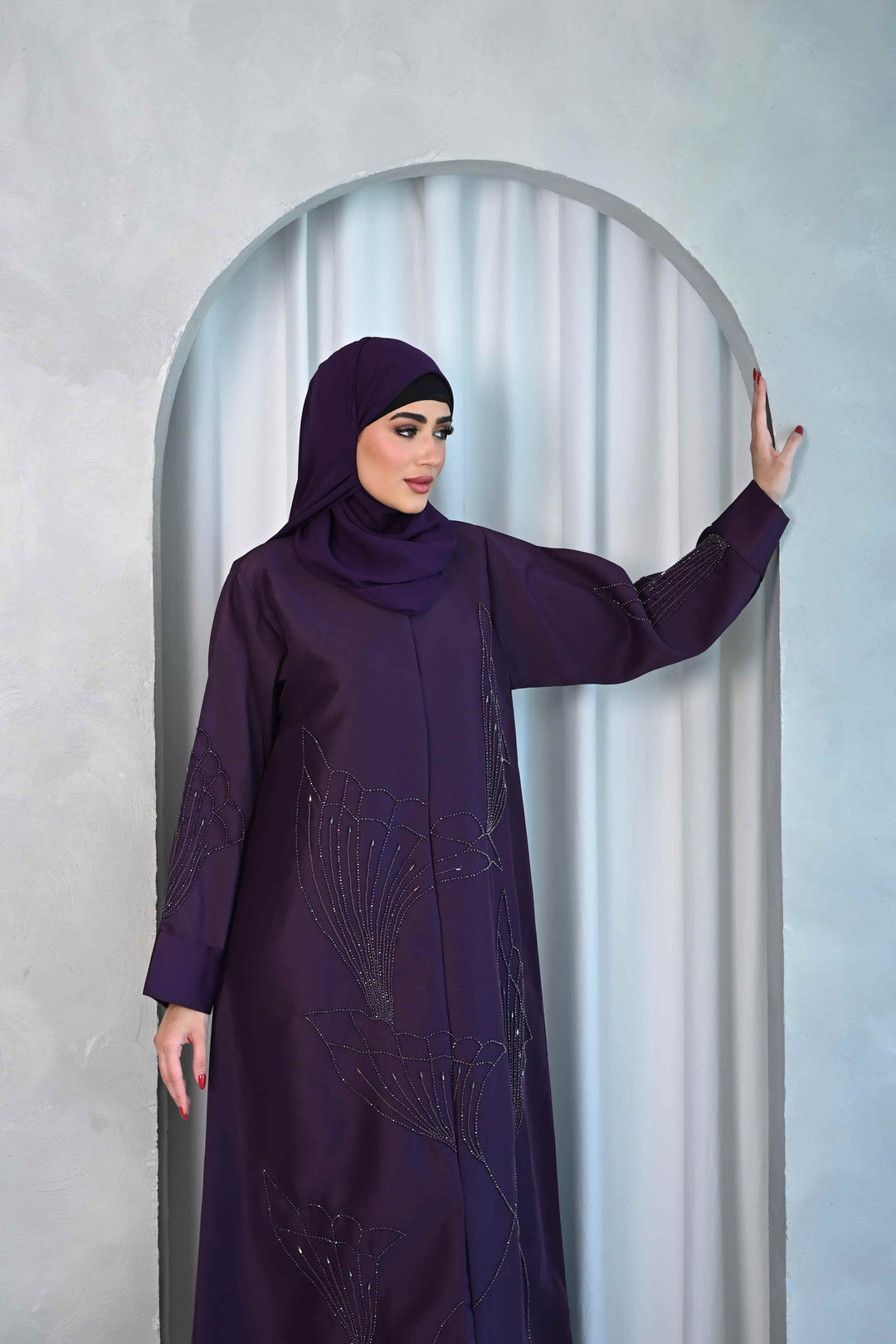 Elegant Plum Embroidered Abaya with Floral Design