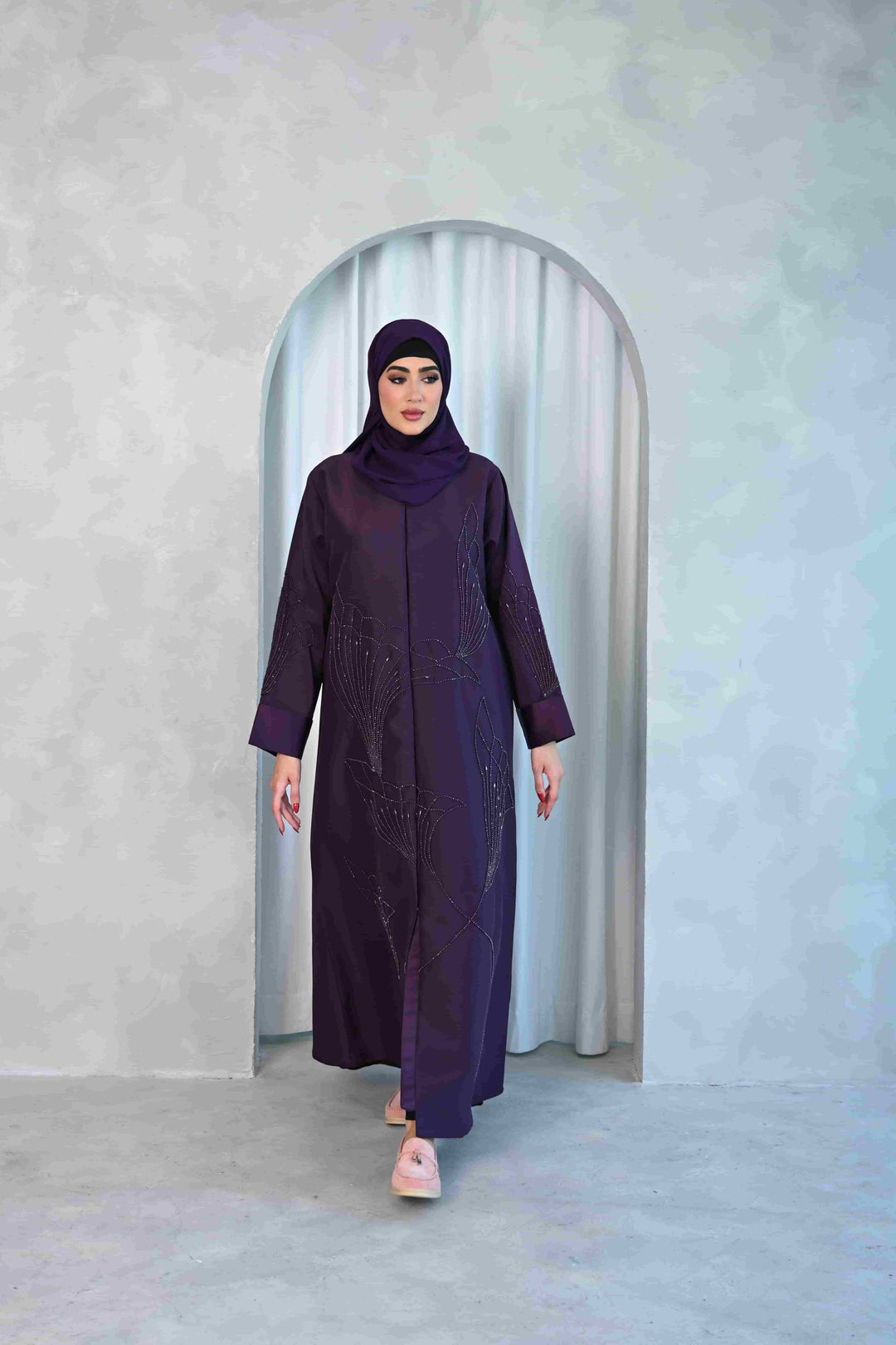 Elegant Plum Embroidered Abaya with Floral Design