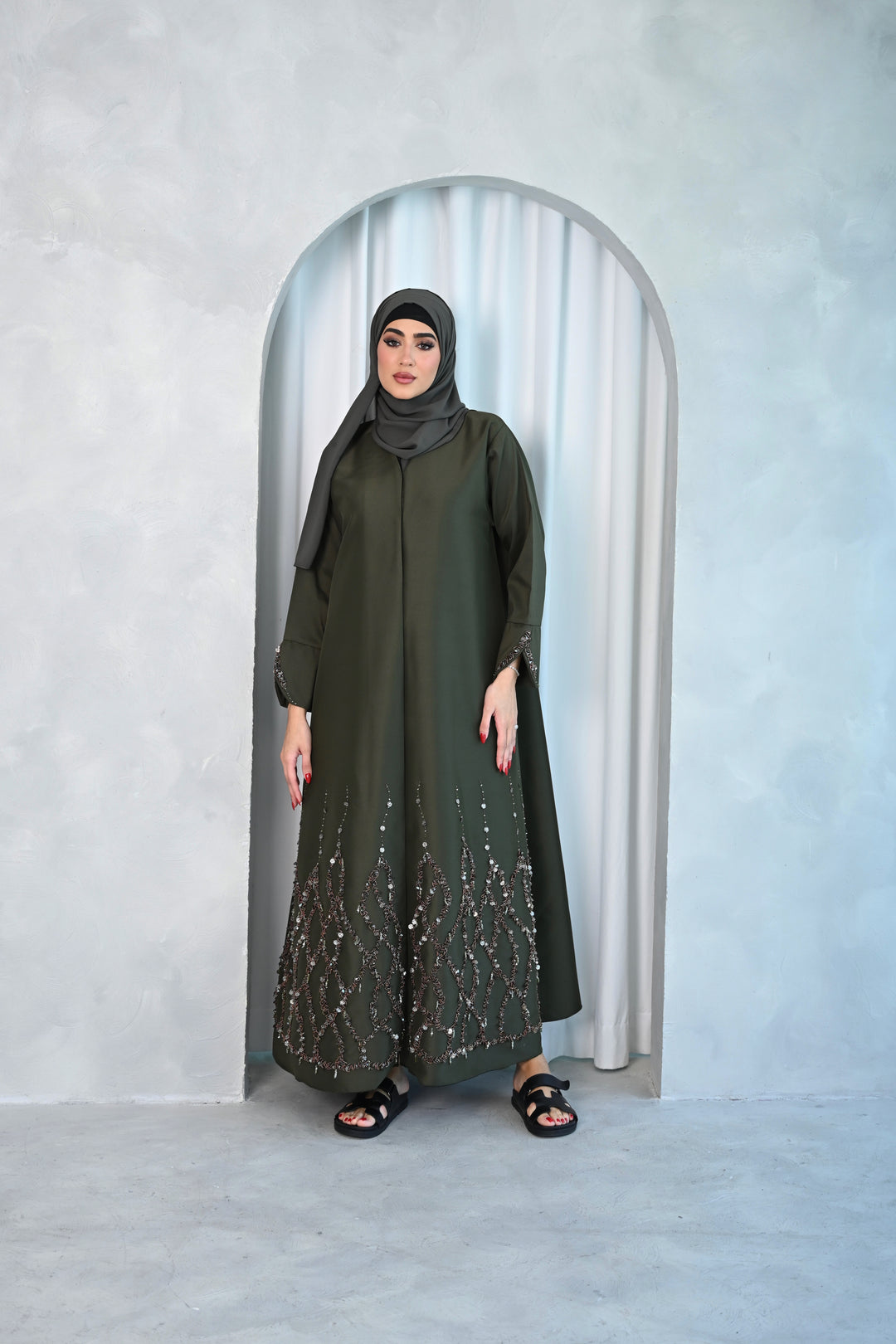 Olive Green Abaya with Intricate Embellished Hemline