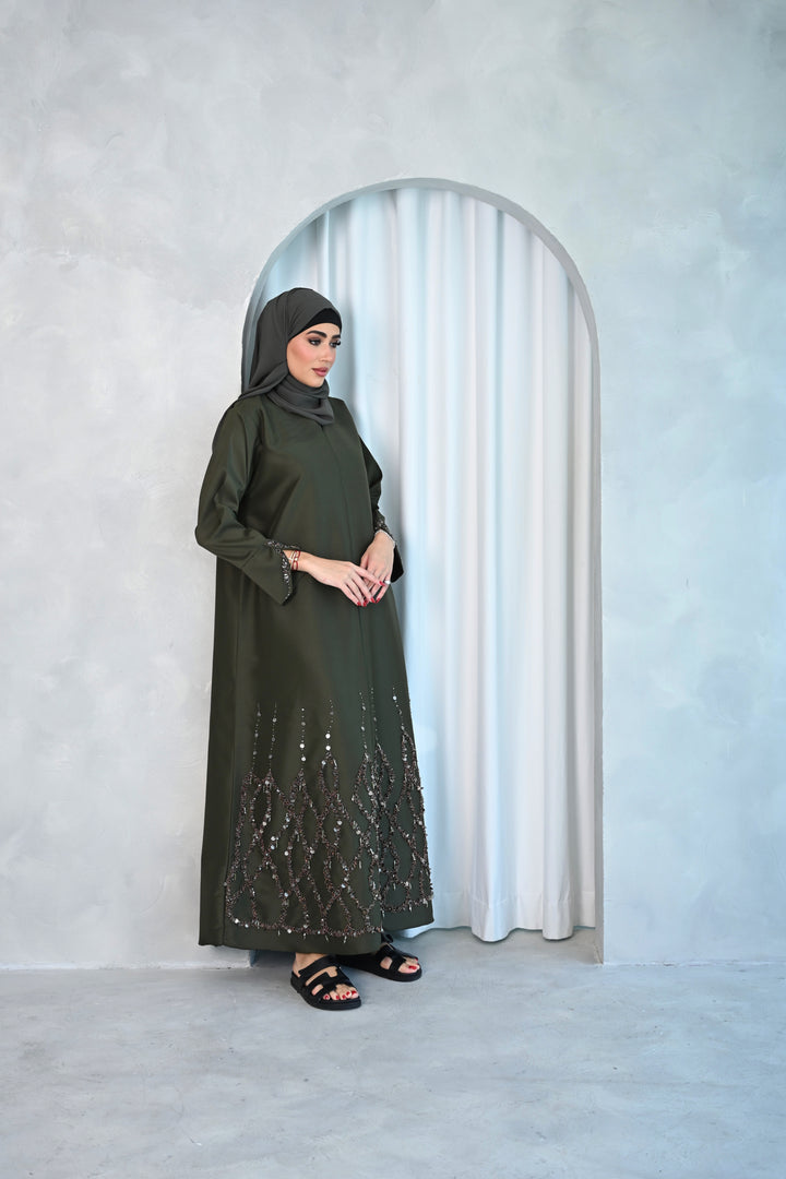 Olive Green Abaya with Intricate Embellished Hemline