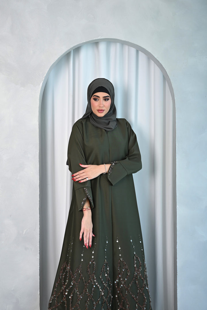 Olive Green Abaya with Intricate Embellished Hemline