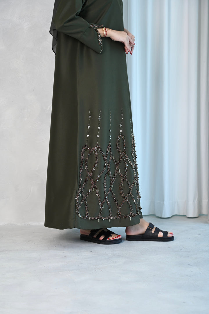 Olive Green Abaya with Intricate Embellished Hemline