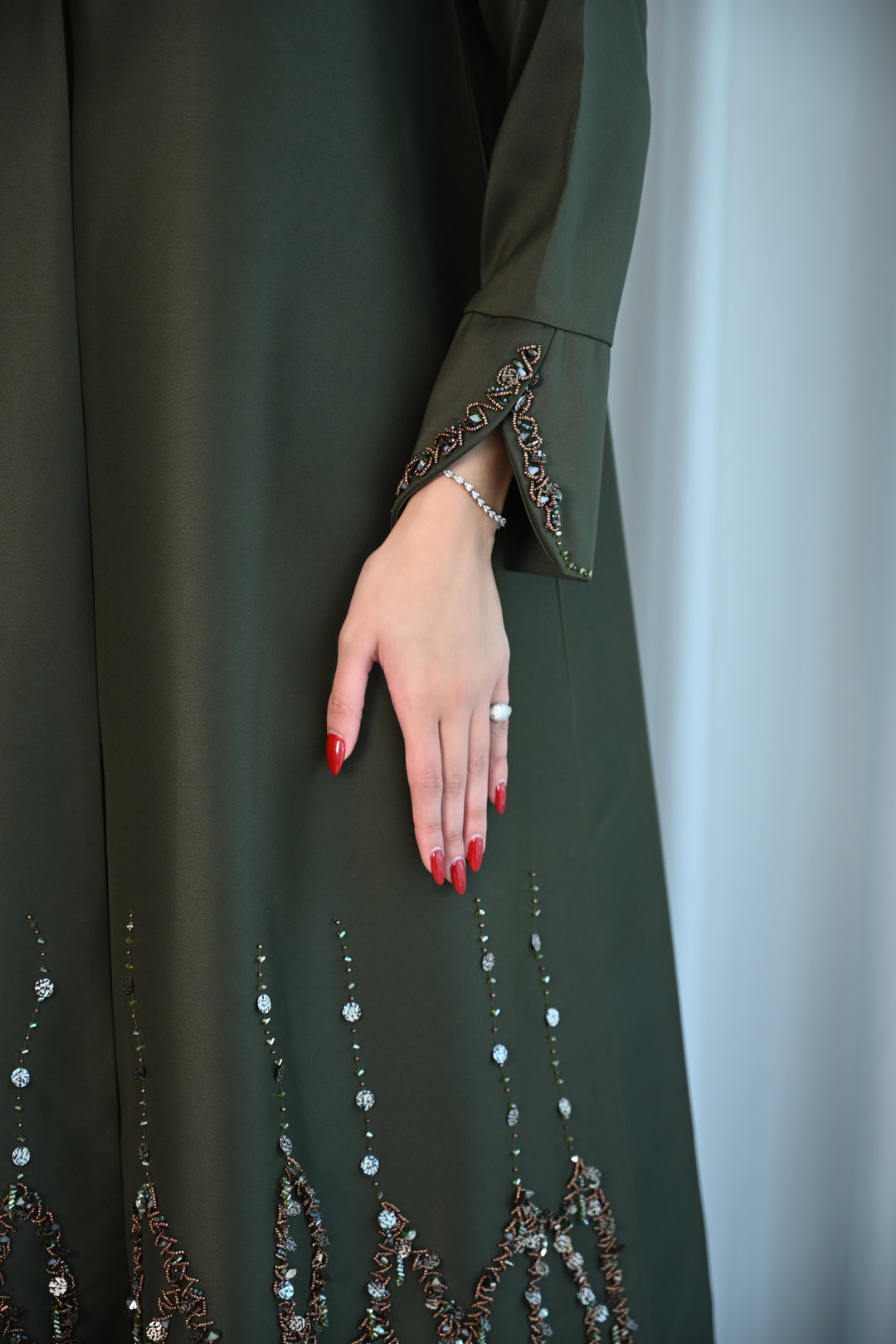 Olive Green Abaya with Intricate Embellished Hemline