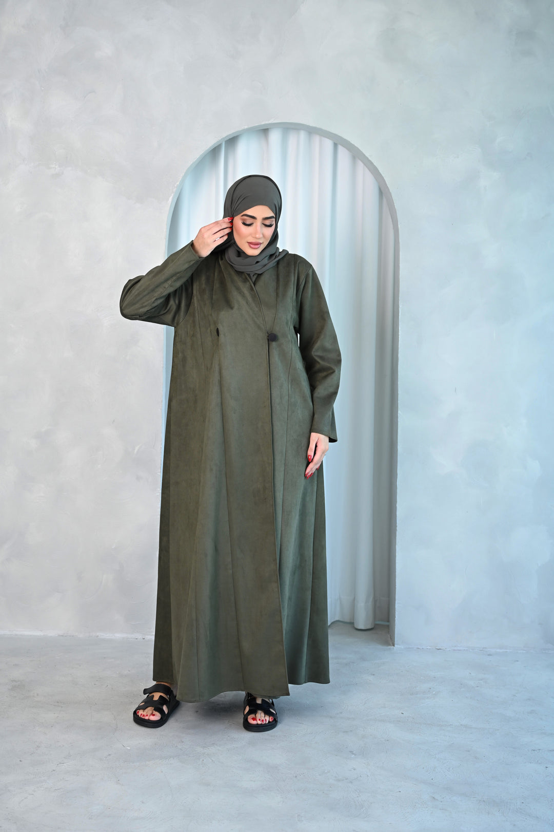 Modern Olive Minimalist Abaya with Button Detail