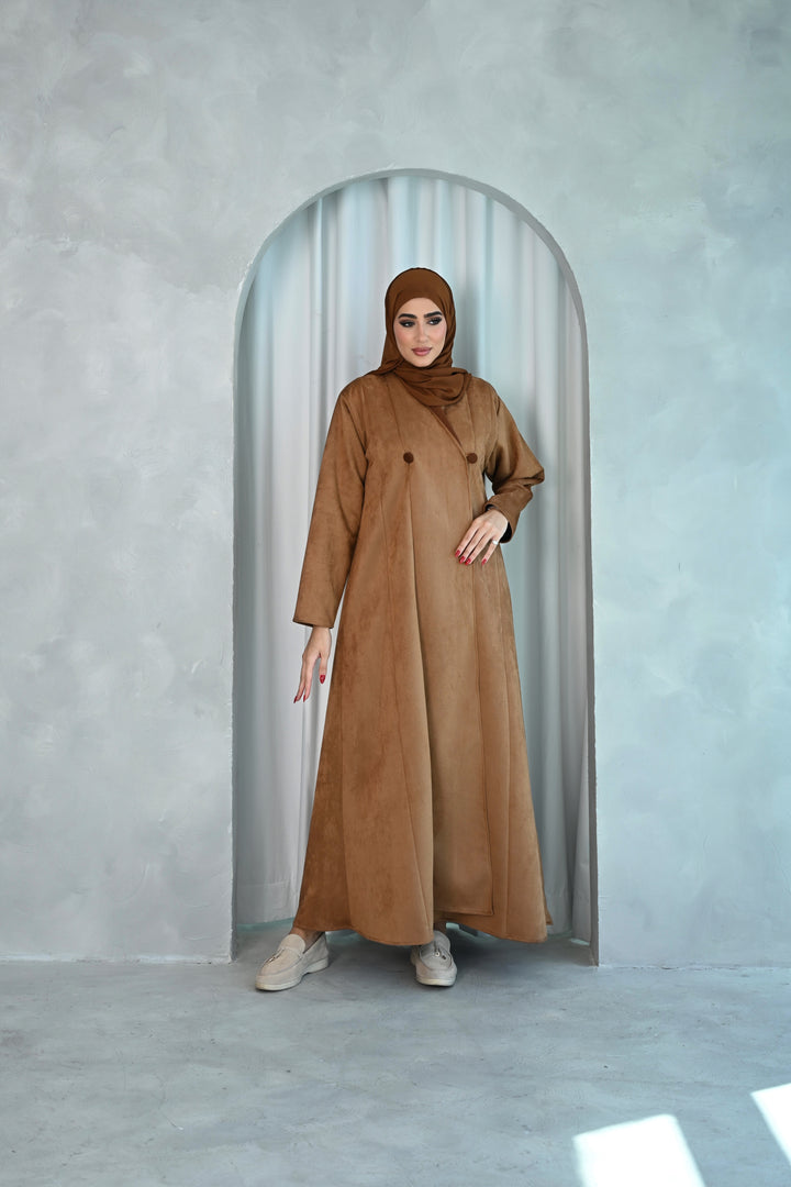 Classic Camel Brown Suede-Style Abaya with Minimalist Design