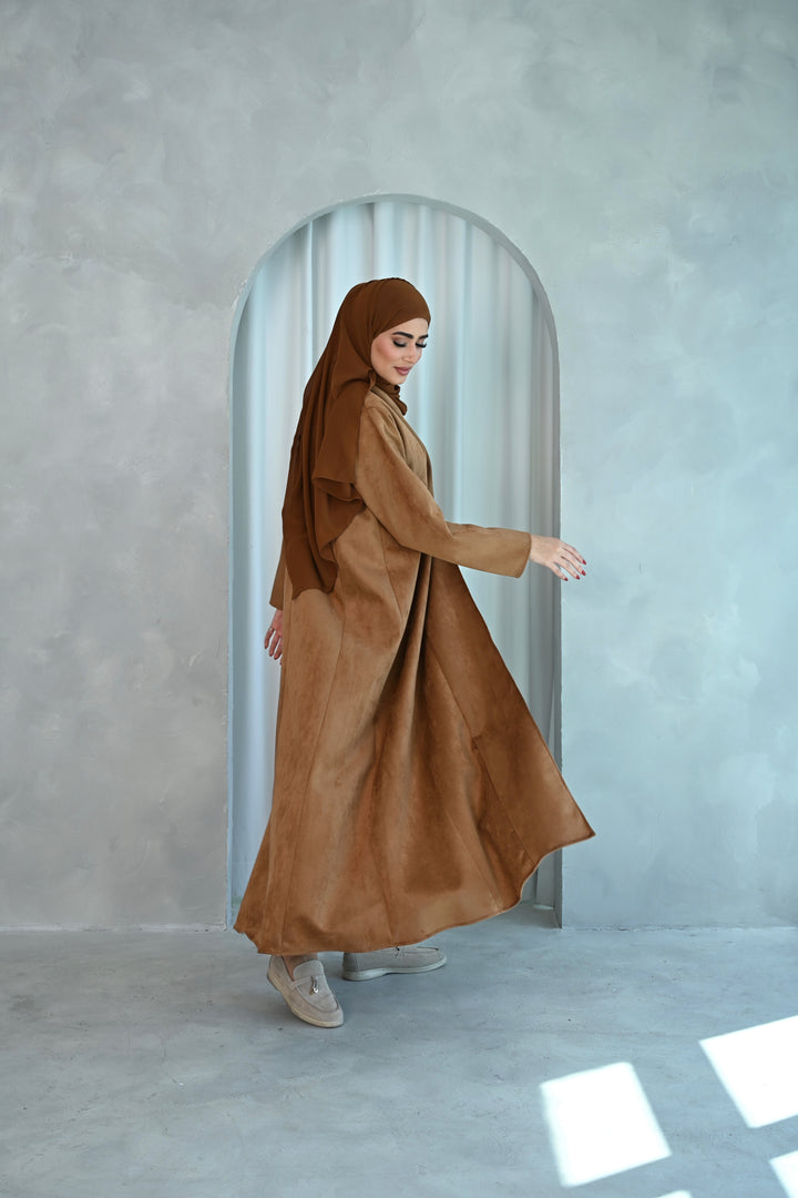 Classic Camel Brown Suede-Style Abaya with Minimalist Design