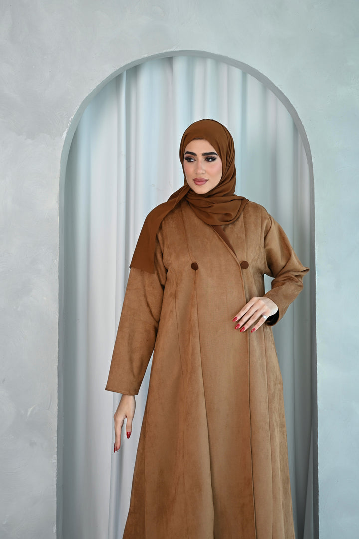 Classic Camel Brown Suede-Style Abaya with Minimalist Design