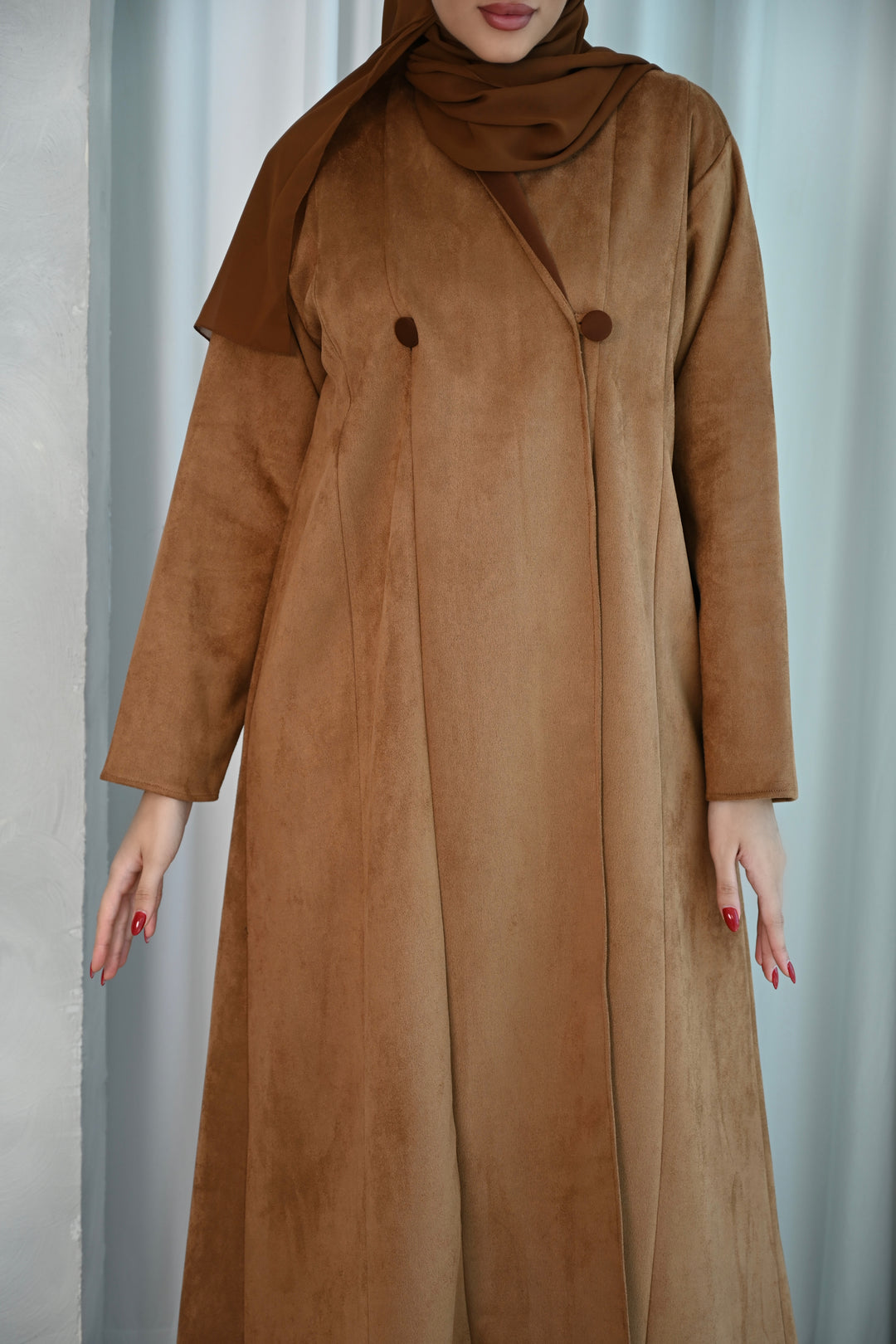 Classic Camel Brown Suede-Style Abaya with Minimalist Design