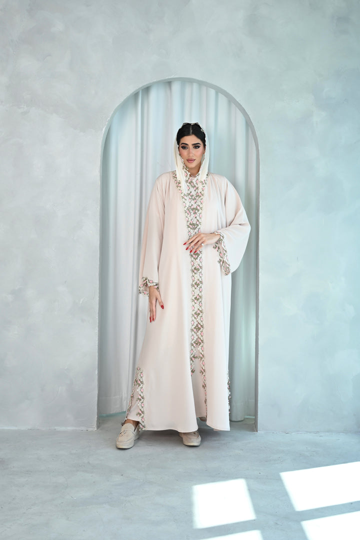 Elegant Cream Abaya with Floral Embellished Trim