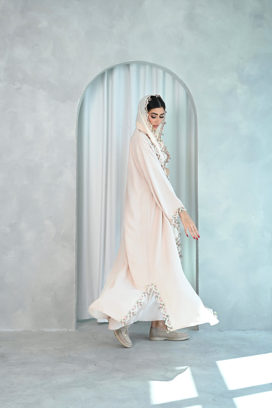 Elegant Cream Abaya with Floral Embellished Trim