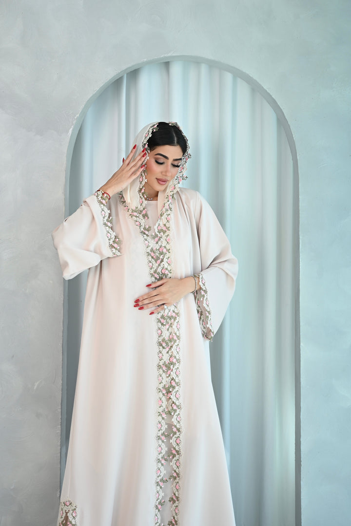 Elegant Cream Abaya with Floral Embellished Trim