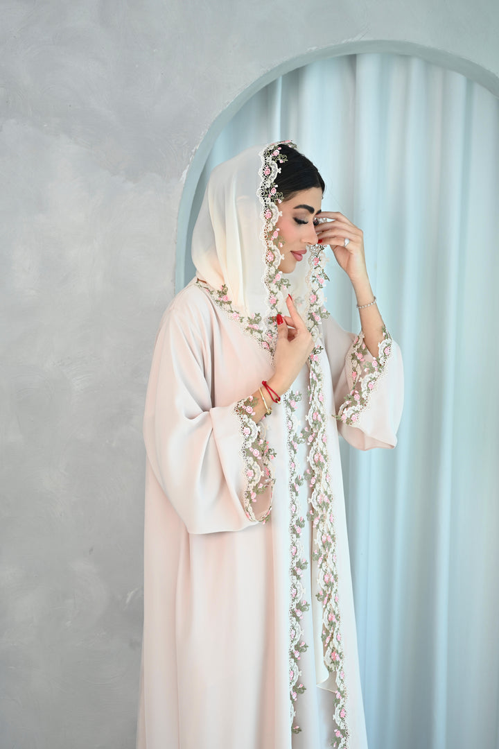 Elegant Cream Abaya with Floral Embellished Trim