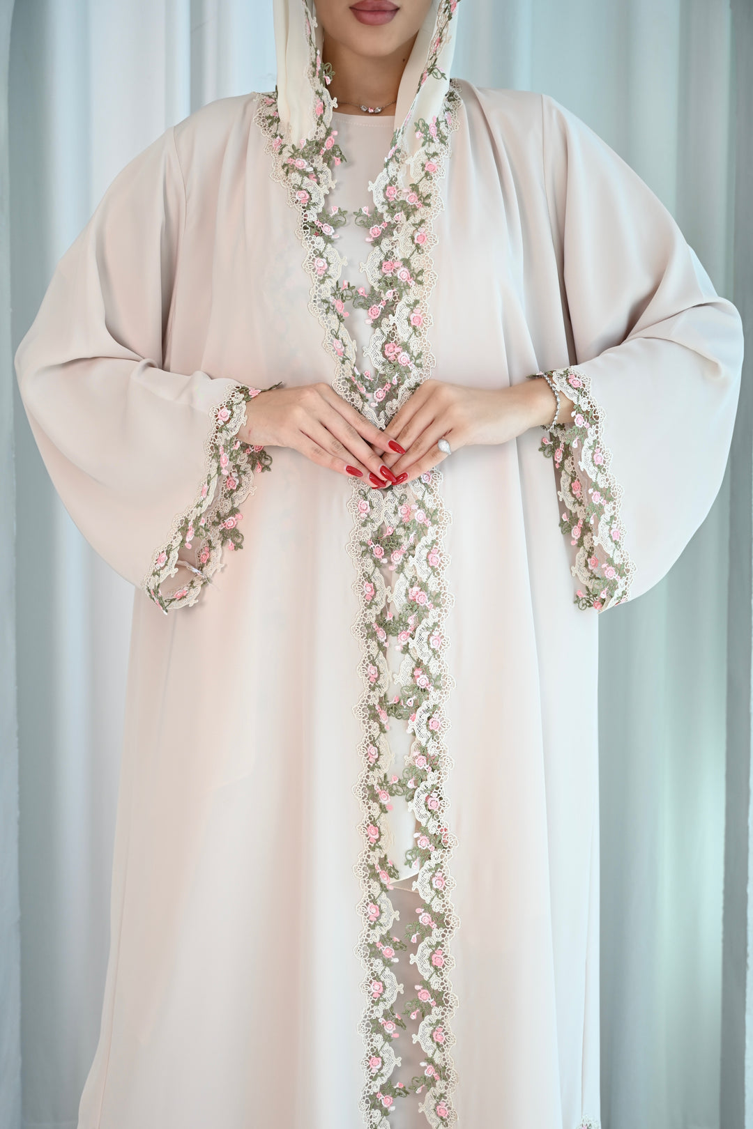 Elegant Cream Abaya with Floral Embellished Trim