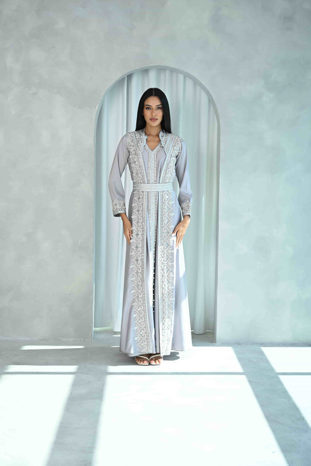 Elegant Silver Embellished Kaftan with Intricate Detailing