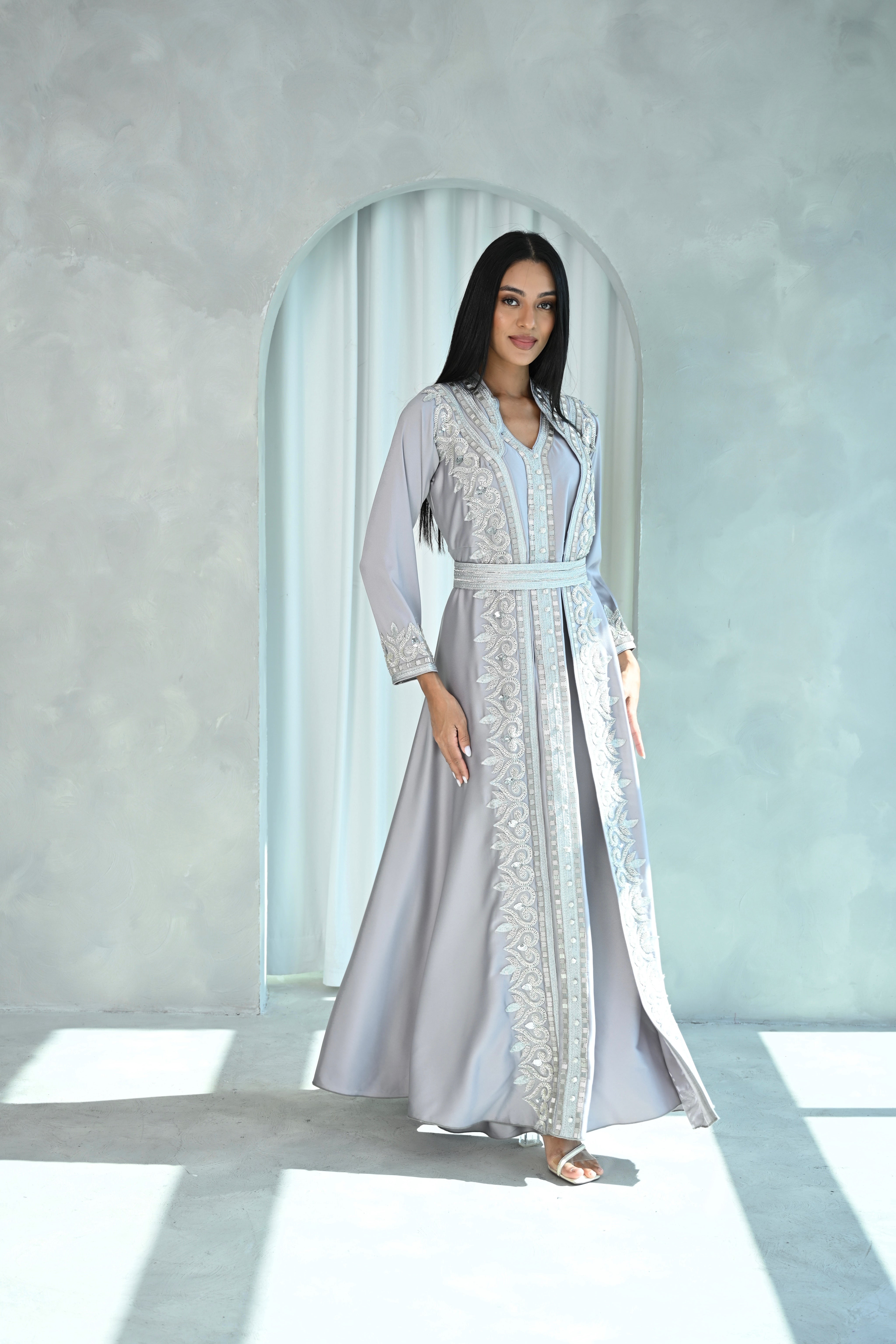 Elegant Silver Embellished Kaftan with Intricate Detailing