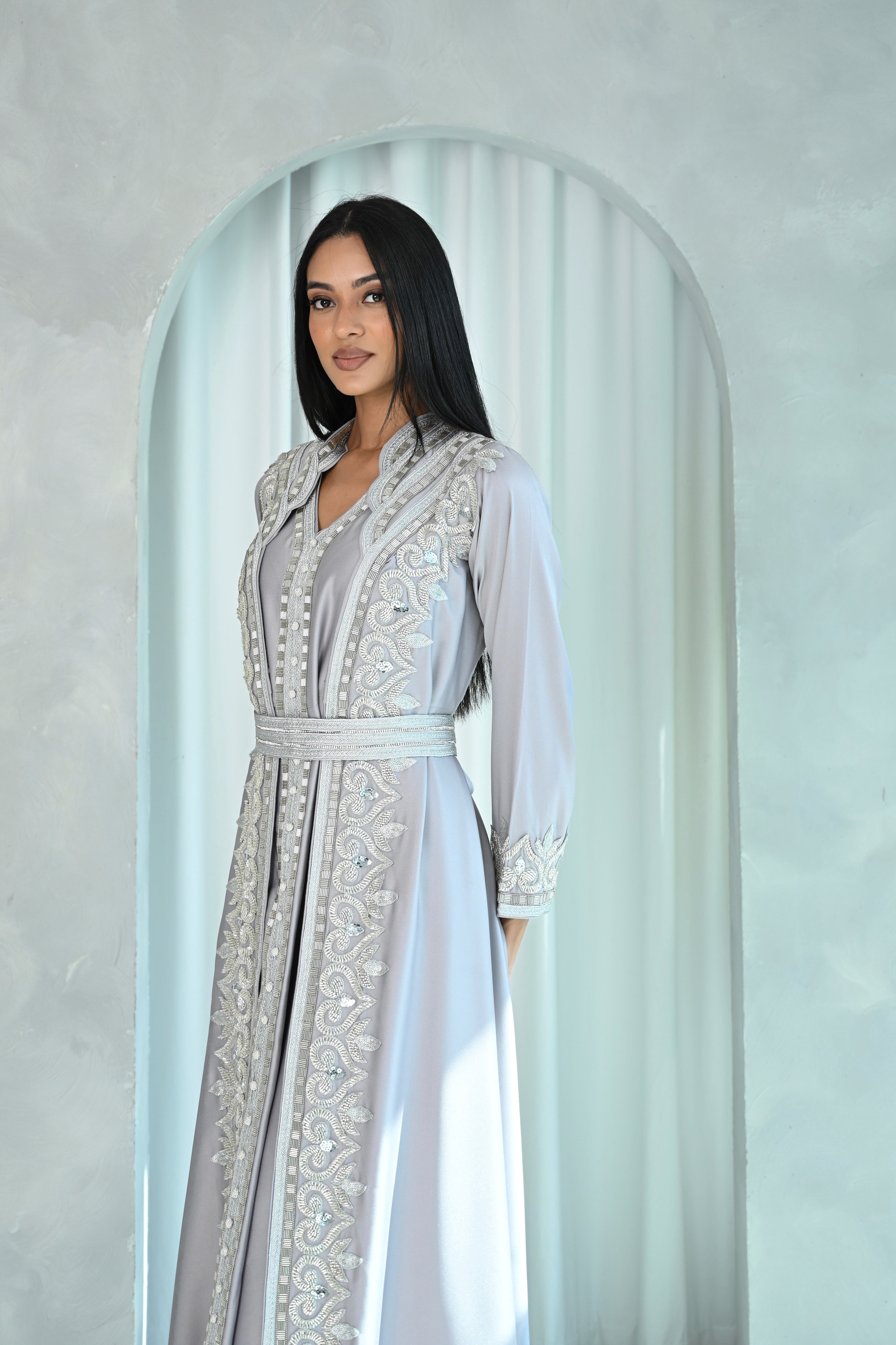 Elegant Silver Embellished Kaftan with Intricate Detailing