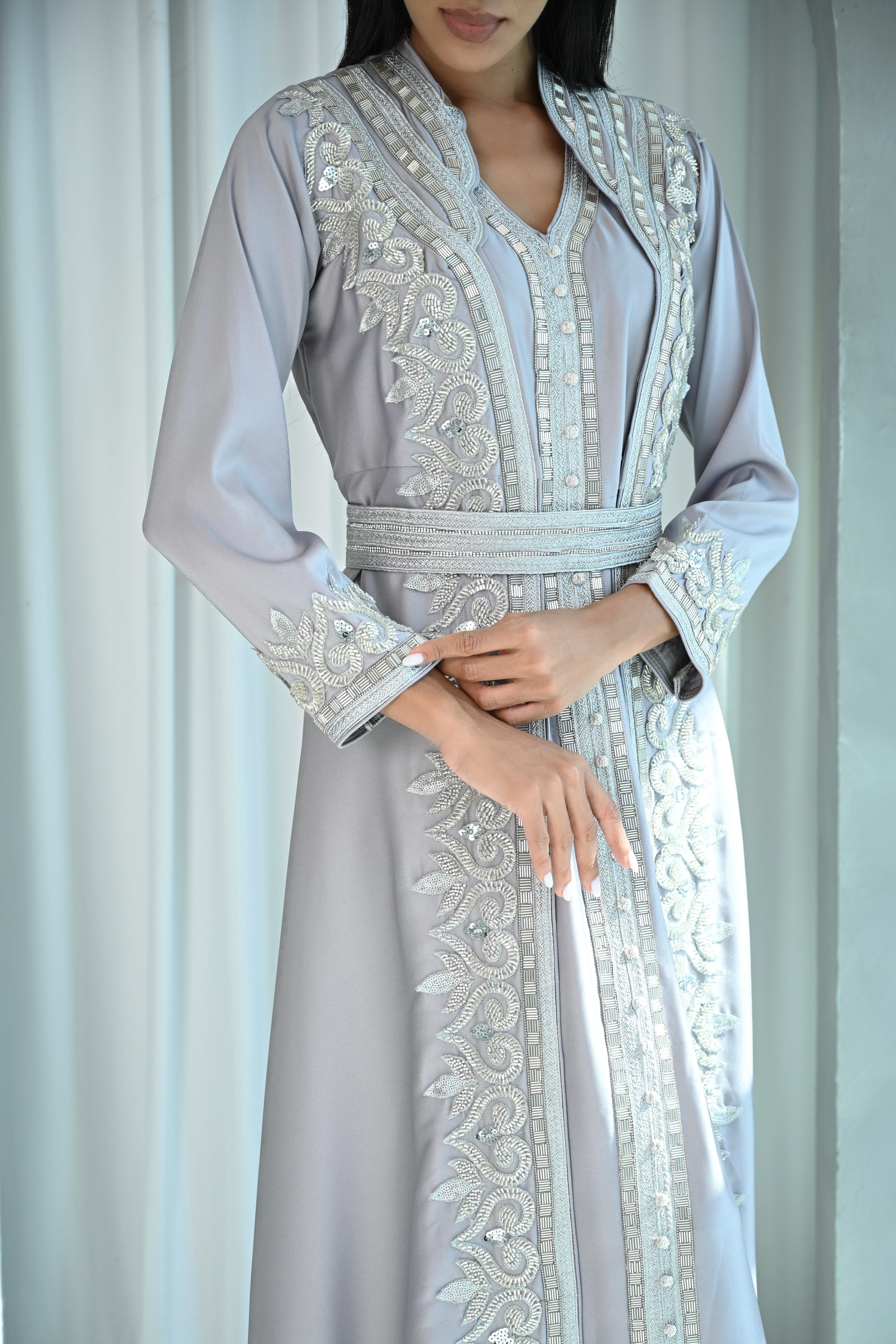 Elegant Silver Embellished Kaftan with Intricate Detailing