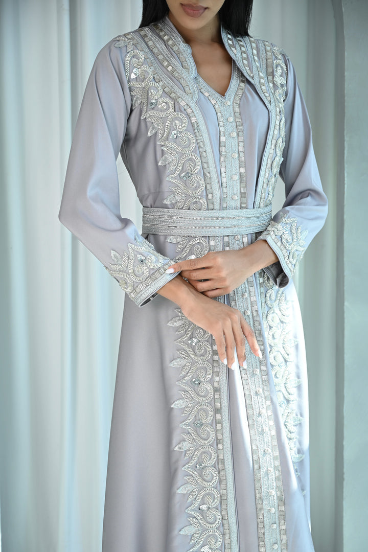 Elegant Silver Embellished Kaftan with Intricate Detailing