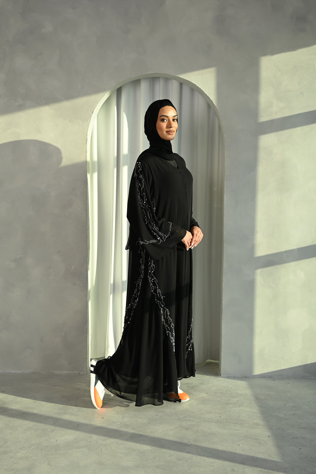 Huda Abaya with Silver Embroidered Accents