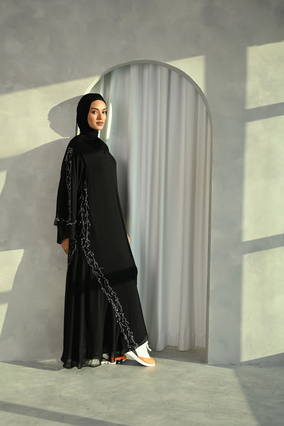 Huda Abaya with Silver Embroidered Accents