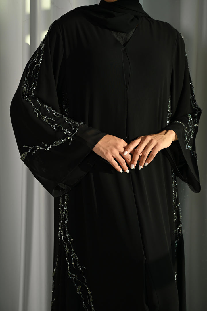 Huda Abaya with Silver Embroidered Accents