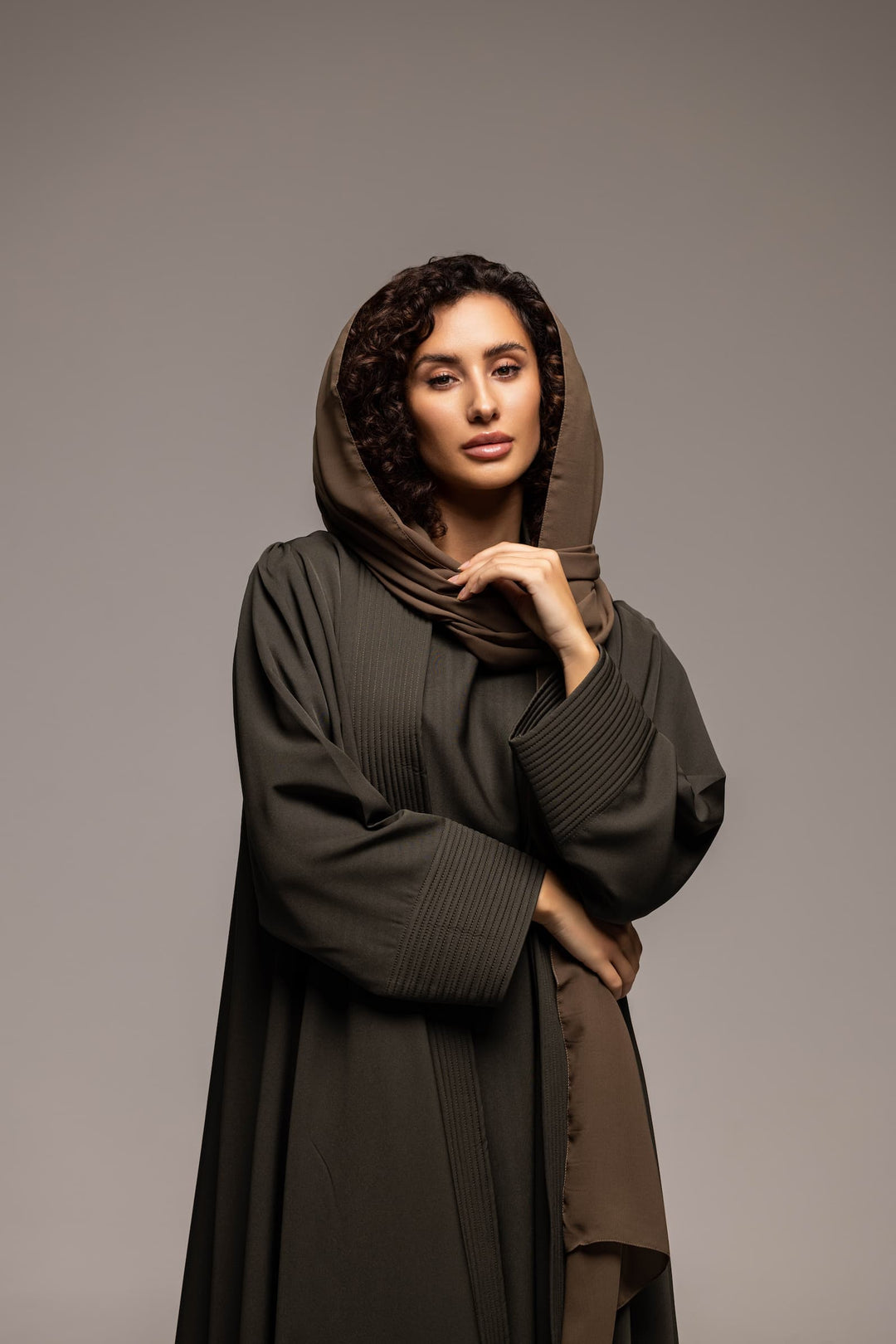 Elegant Olive Draped Abaya with Contemporary Flair