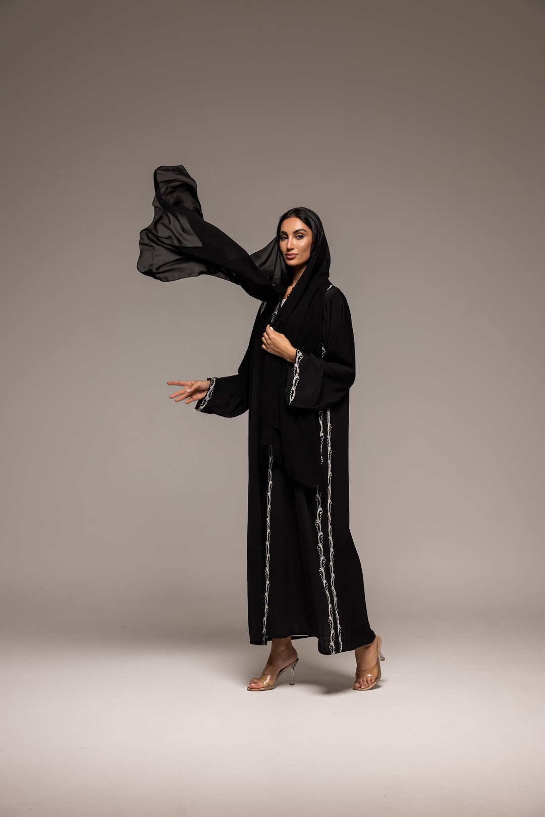 Midnight Muse: Sophisticated Black Abaya with Intricate White Embroidery