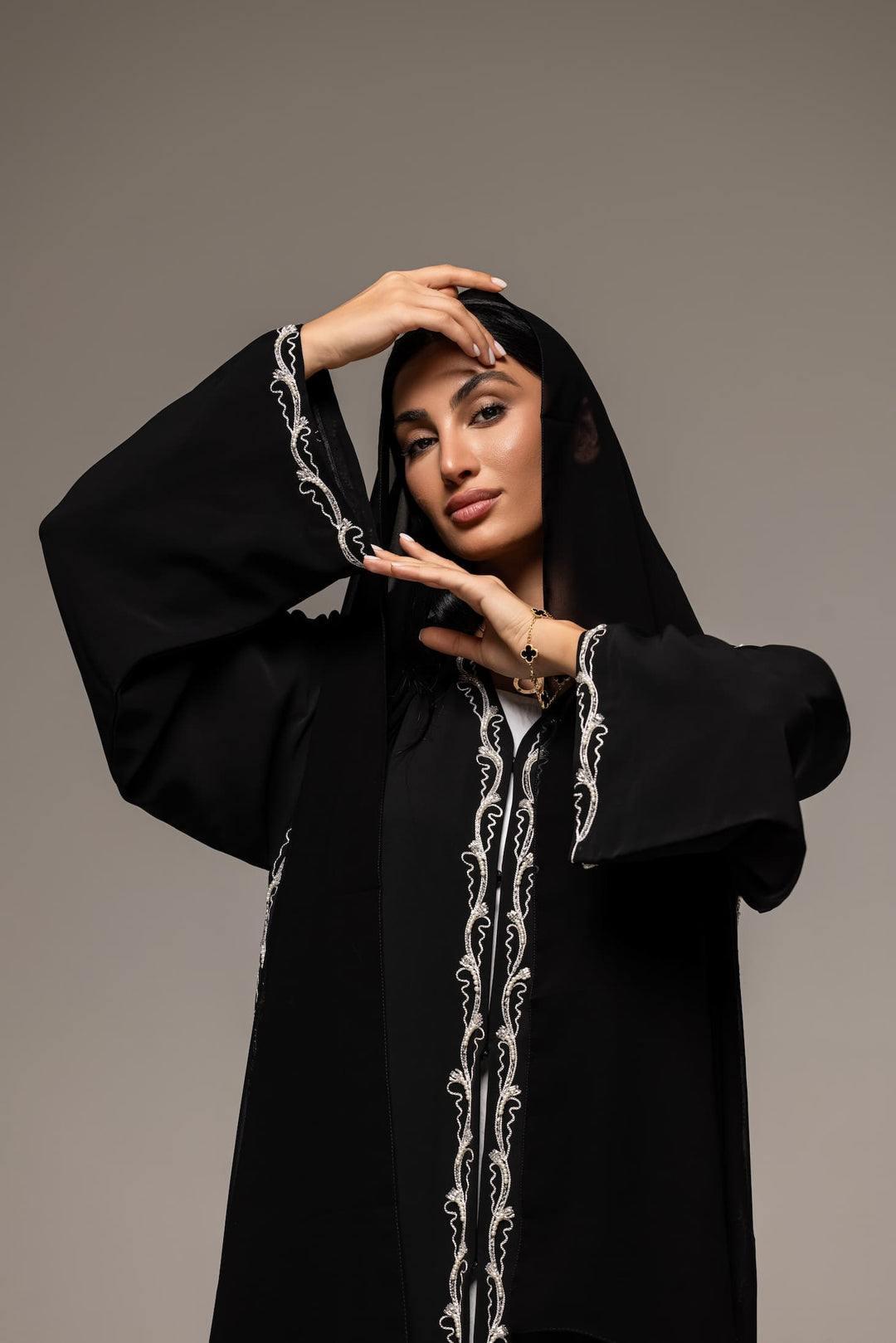 Midnight Muse: Sophisticated Black Abaya with Intricate White Embroidery