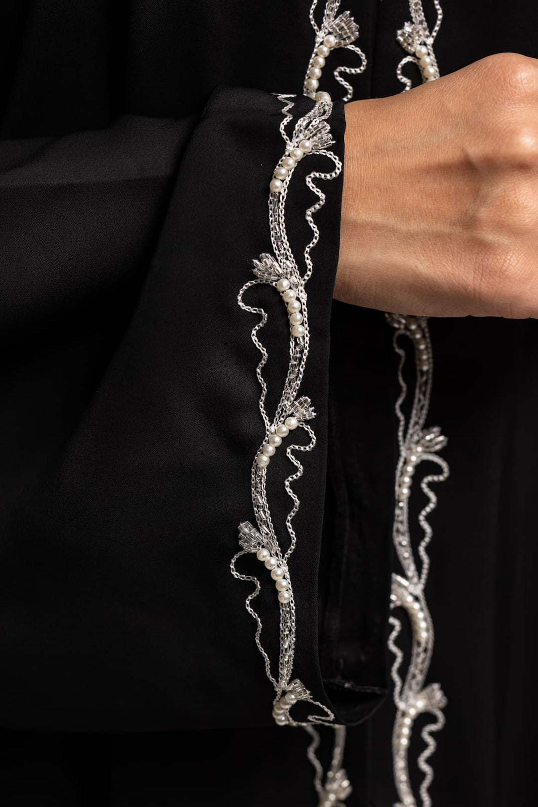 Midnight Muse: Sophisticated Black Abaya with Intricate White Embroidery