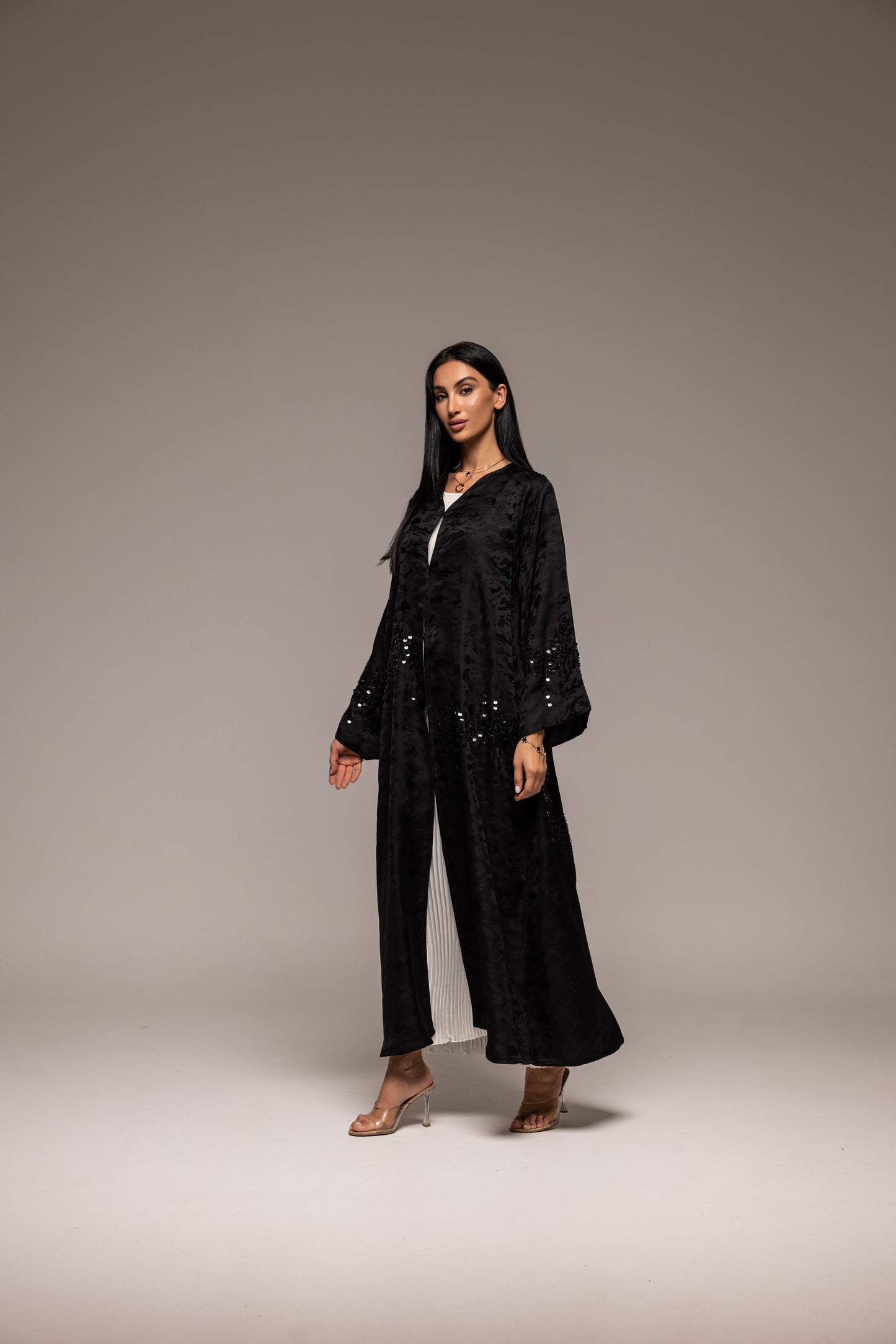 Midnight Shimmer: Sequin-Embellished Black Abaya with a Touch of Glam