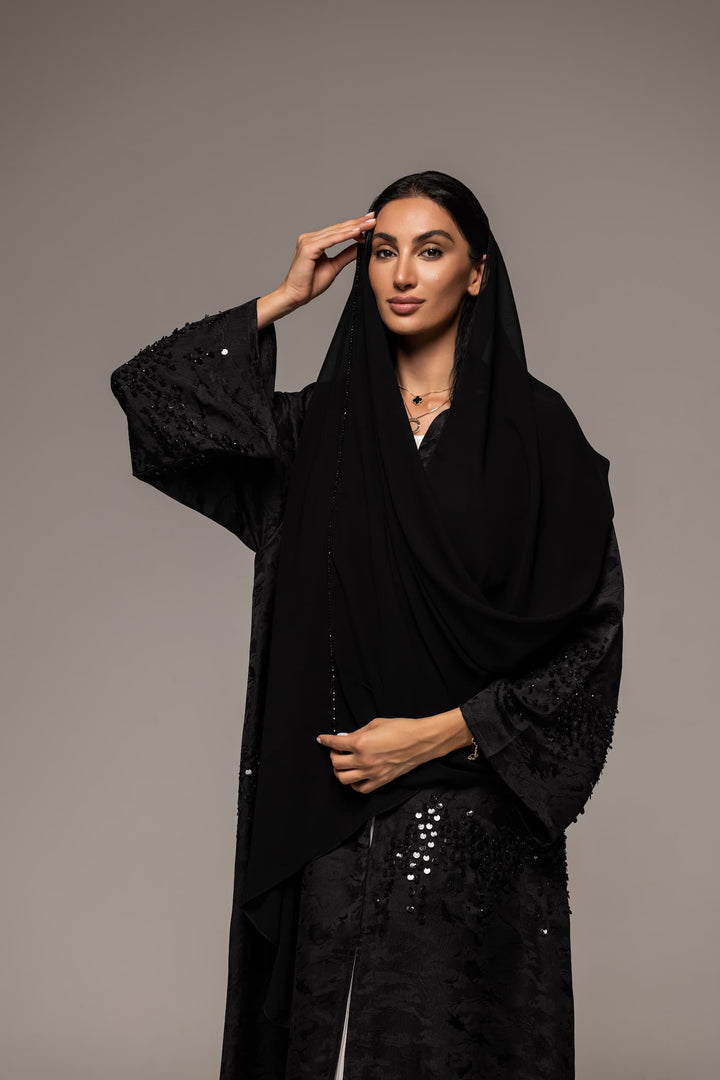 Midnight Shimmer: Sequin-Embellished Black Abaya with a Touch of Glam