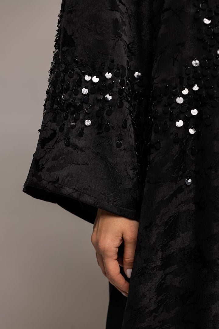 Midnight Shimmer: Sequin-Embellished Black Abaya with a Touch of Glam