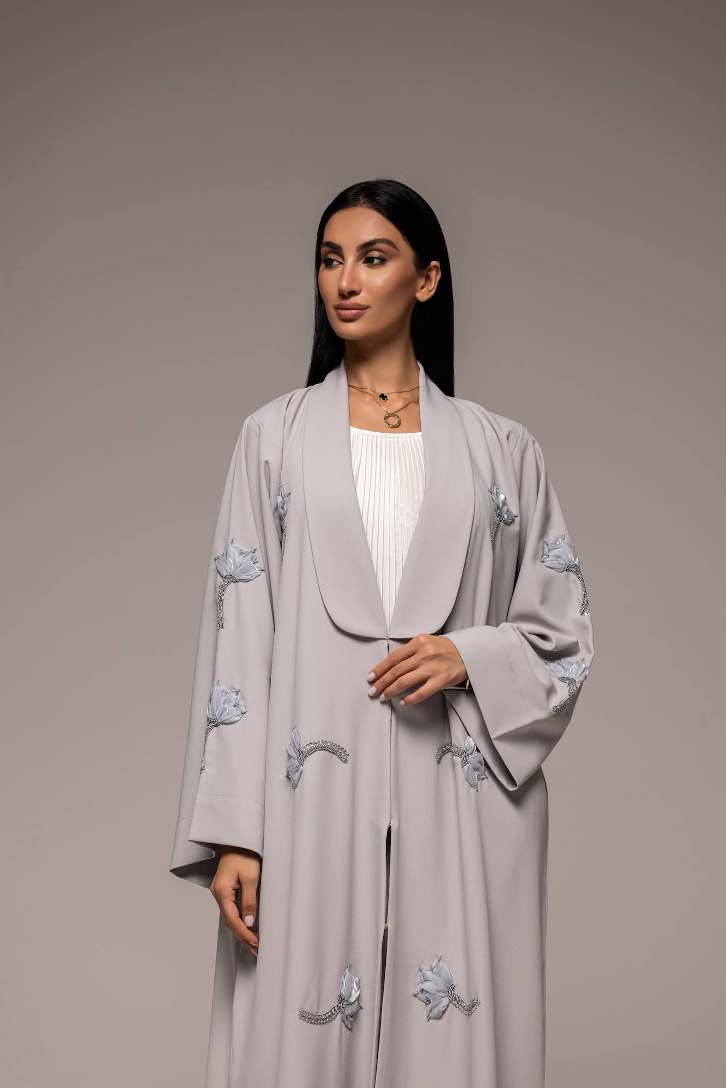 Serene Elegance: Luxe Pearl Grey Abaya with Navy Accents