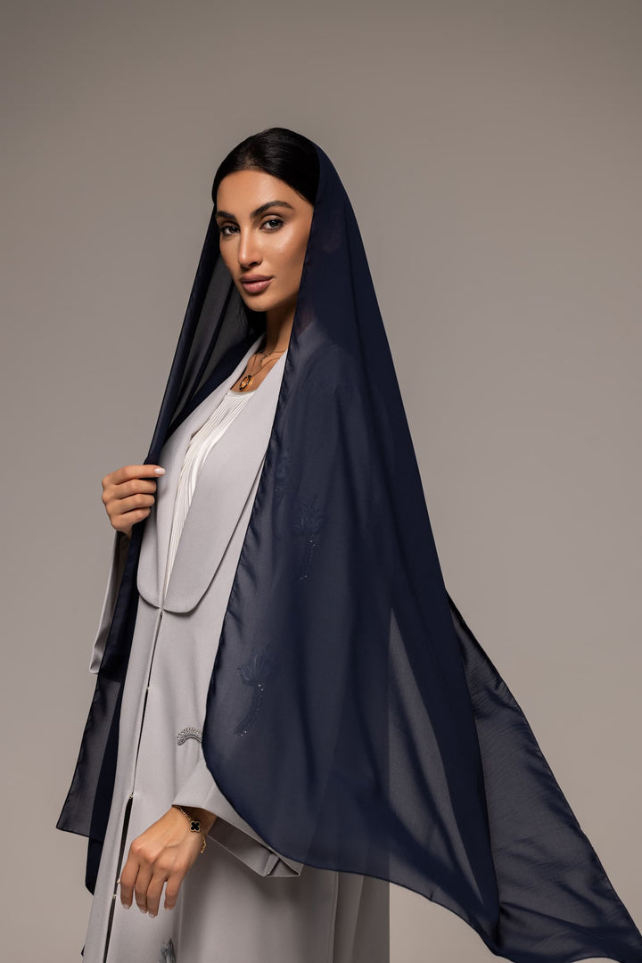 Serene Elegance: Luxe Pearl Grey Abaya with Navy Accents