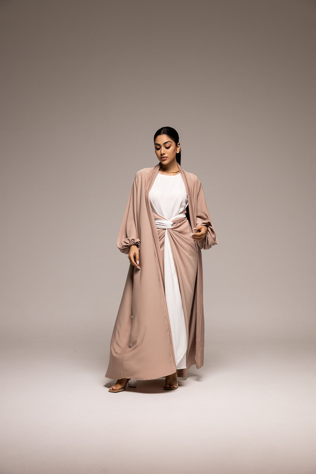 Blush Harmony: Pleated Drape Abaya with Belted Waist