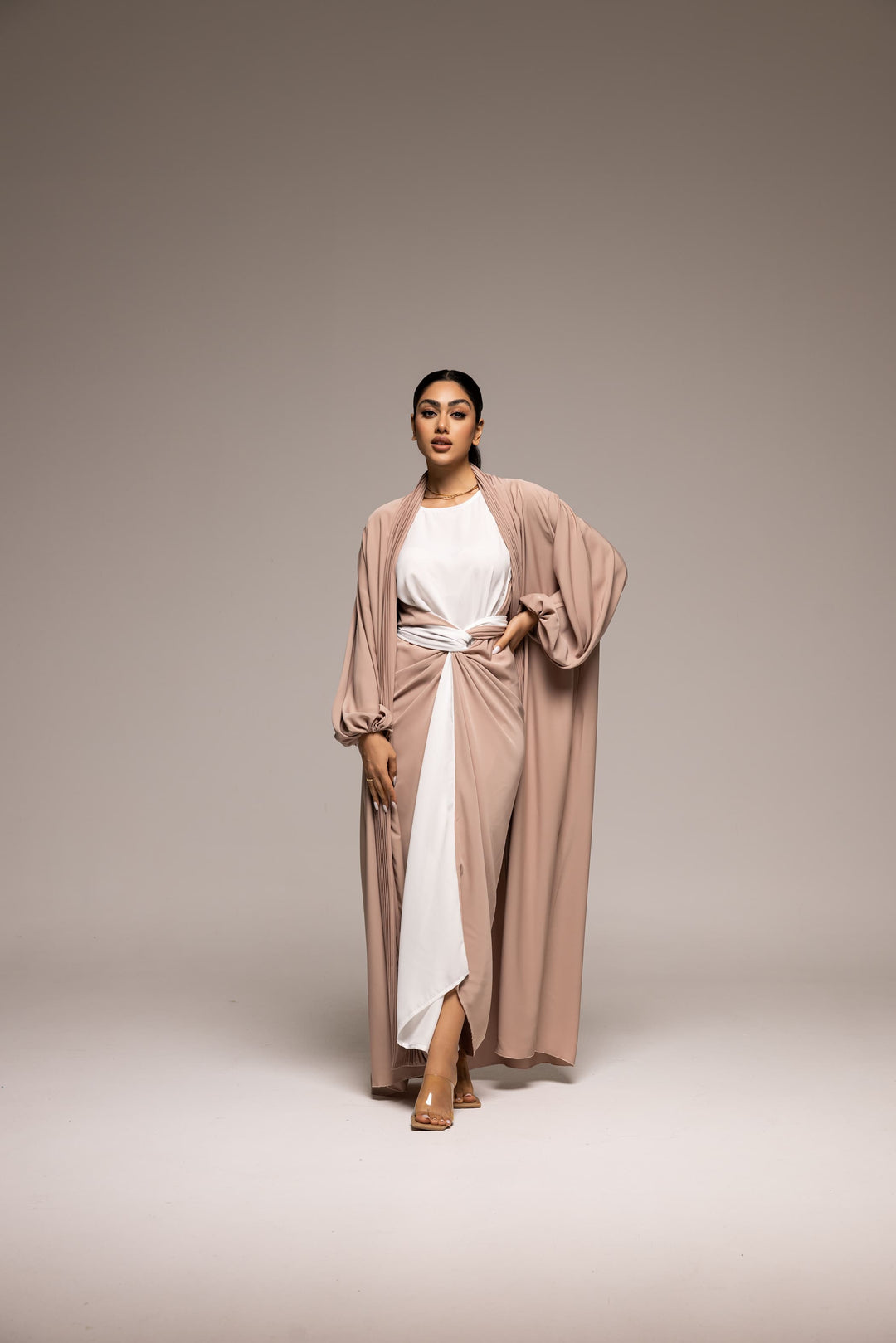 Blush Harmony: Pleated Drape Abaya with Belted Waist