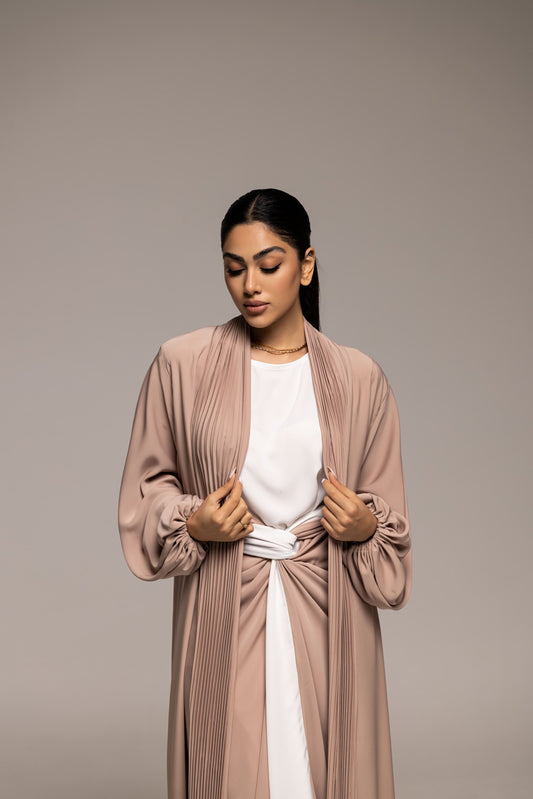 Blush Harmony: Pleated Drape Abaya with Belted Waist