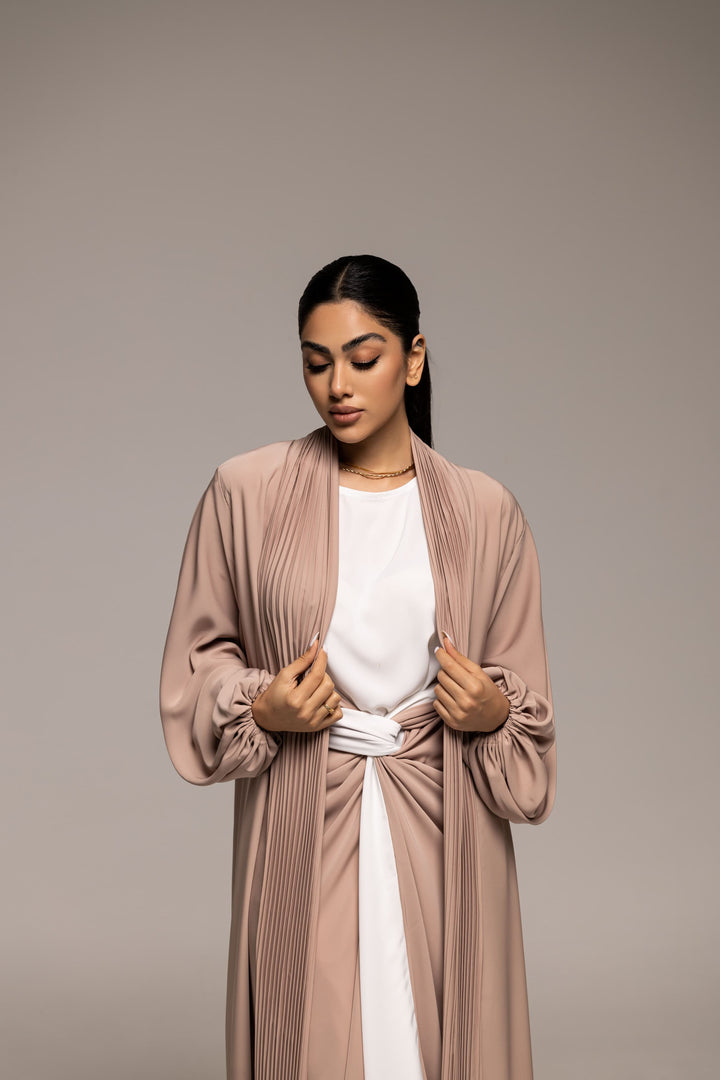 Blush Harmony: Pleated Drape Abaya with Belted Waist